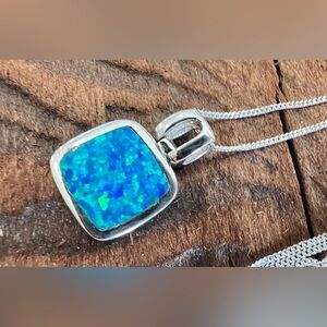 New Australian Blue Opal Inlay Necklace Pendant Electric Turquoise Blue Silver
